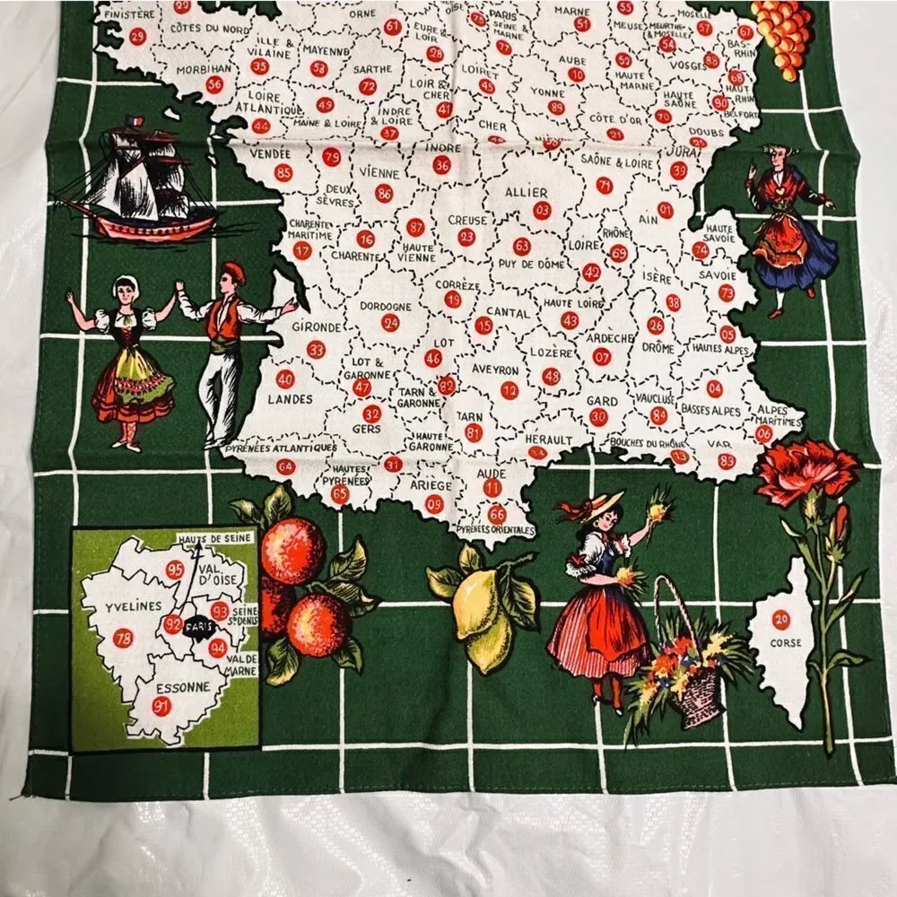 Vintage Collectible Map of France Tea Towel Kitchen Towel
